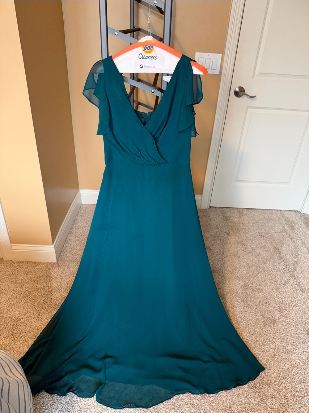 David's Bridal Teal V-Neck Flutter Sleeve Gown
